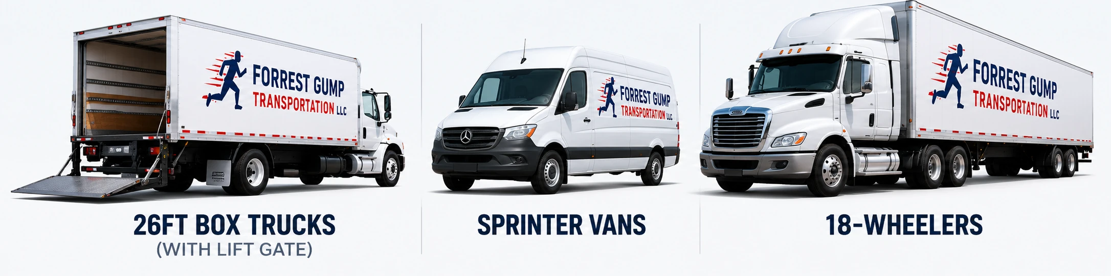 Forrest Gump Transportation fleet: 26FT box truck with lift gate, branded Sprinter van, and 18-wheeler tractor-trailer