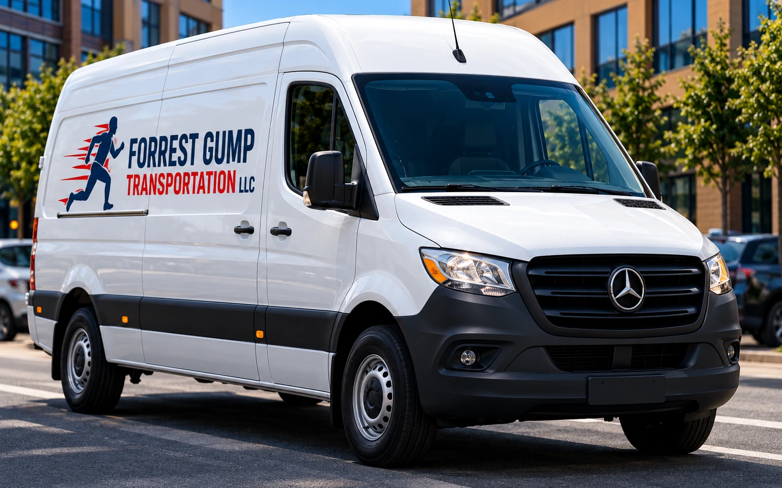 Forrest Gump Transportation branded white Sprinter van on an urban street