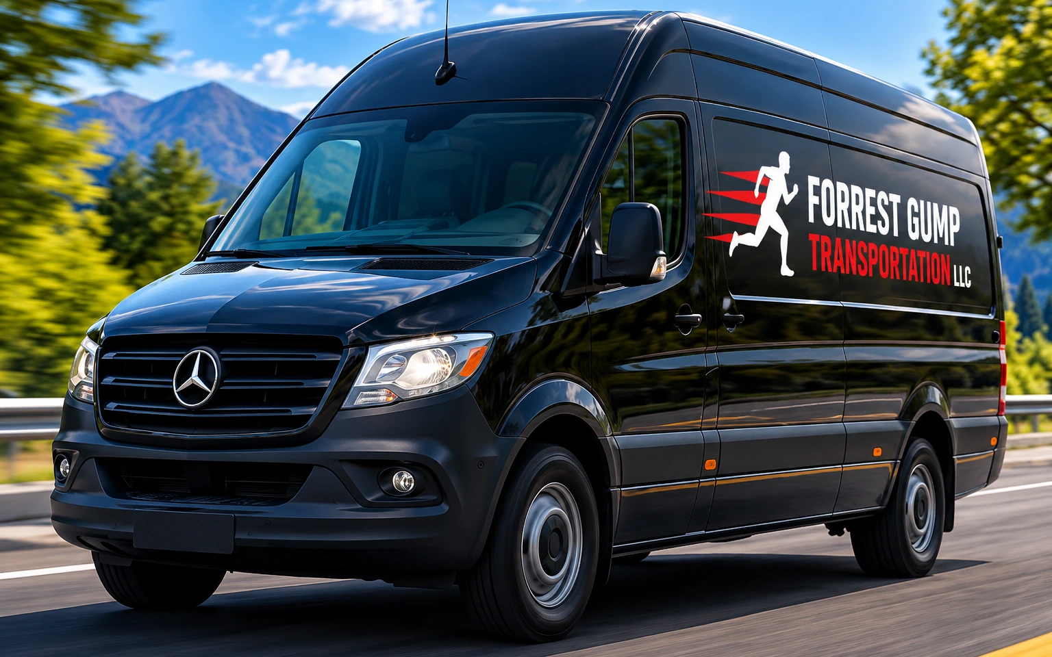 Forrest Gump Transportation branded black Sprinter van on a mountain highway