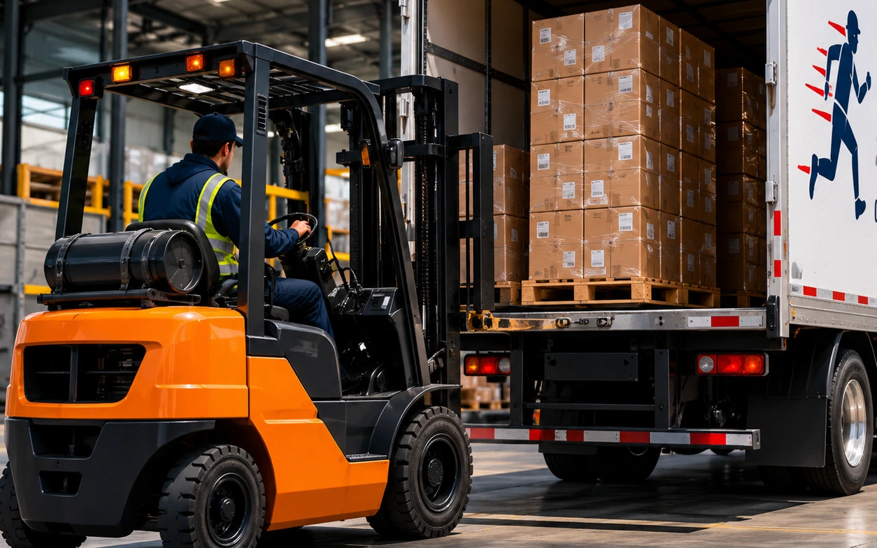 Forklift loading pallets of boxes into a box truck