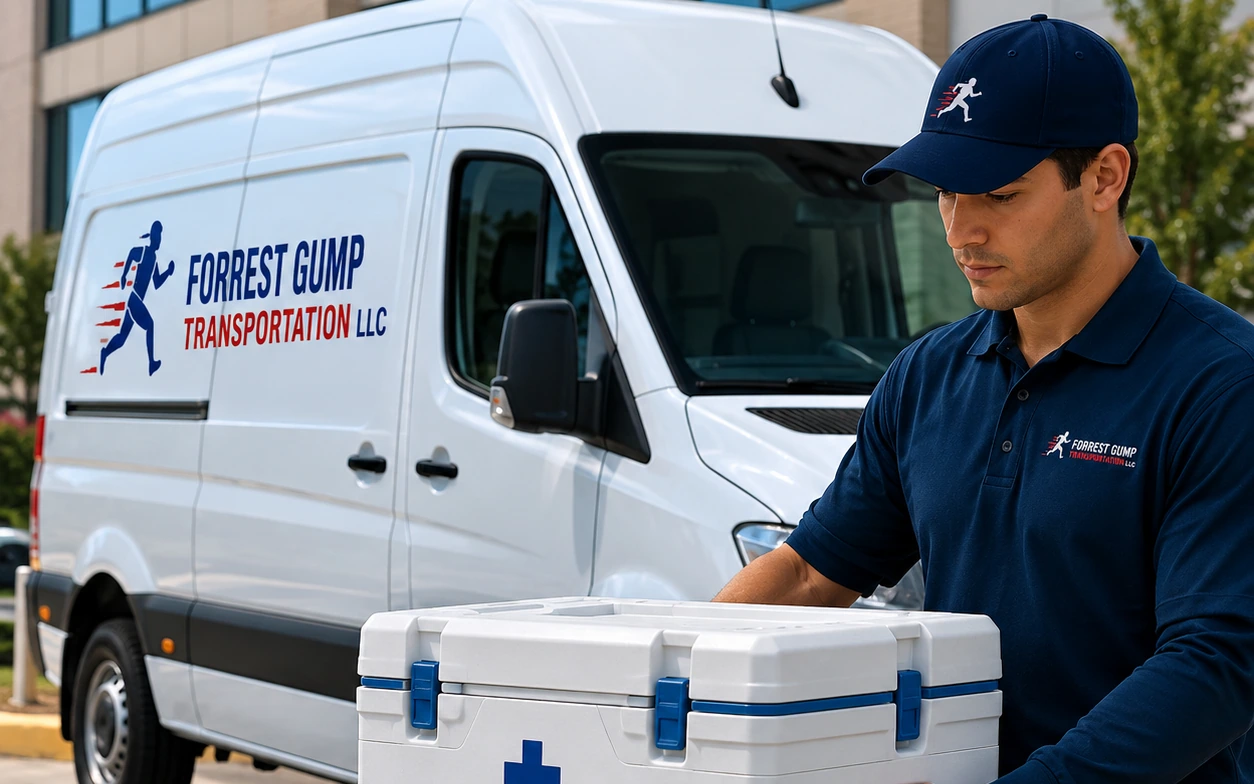 Uniformed courier carrying a medical transport container beside a branded van