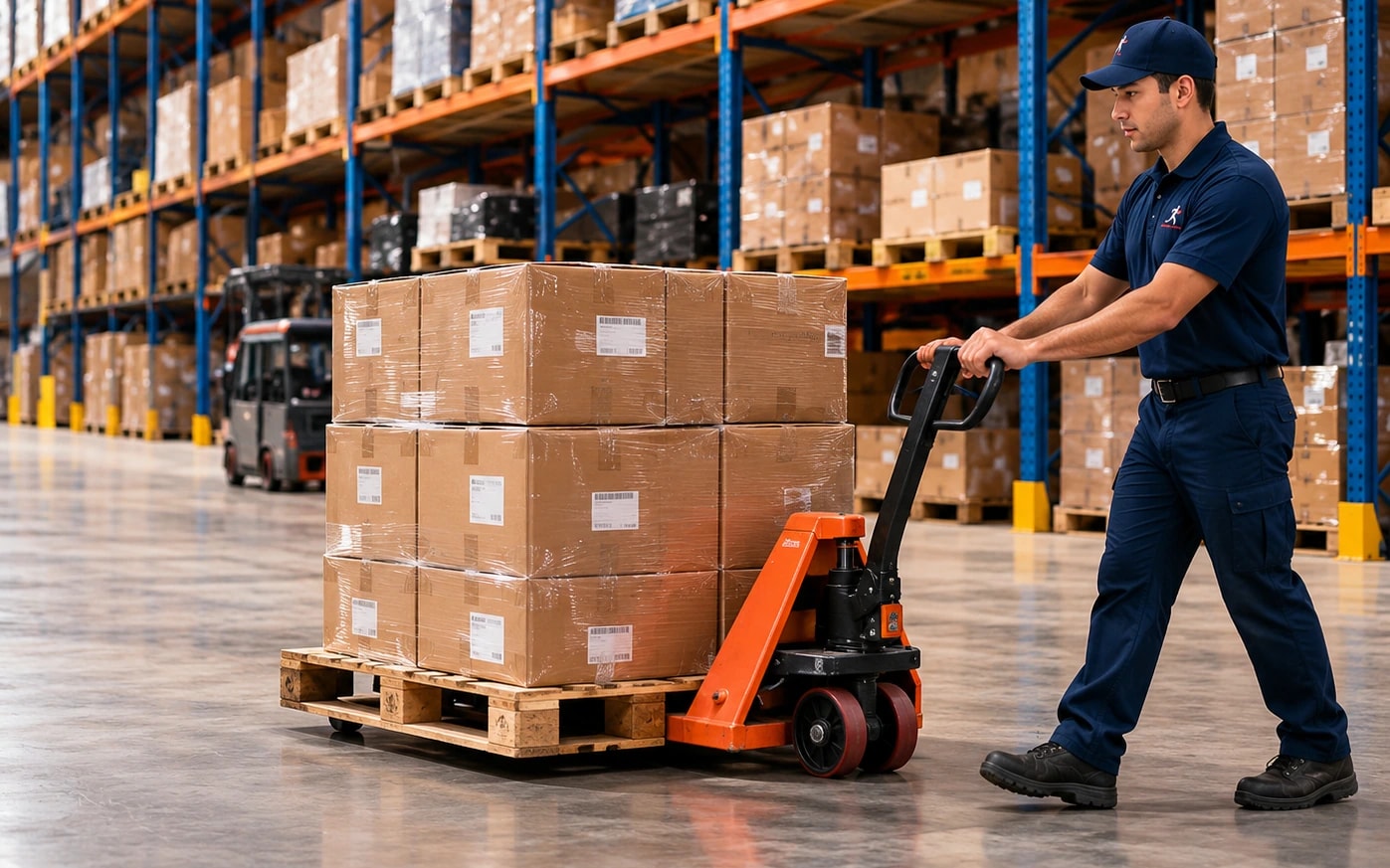 Warehouse worker moving palletized freight with a pallet jack